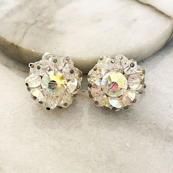 Vintage Signed Hobe Earrings AB Crystal Faceted Beads Clip On Silver Toned - Picture 1 of 8